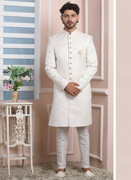 Cream Colour Party Wear Mens Jaquard Silk Indo Western Collection 1676